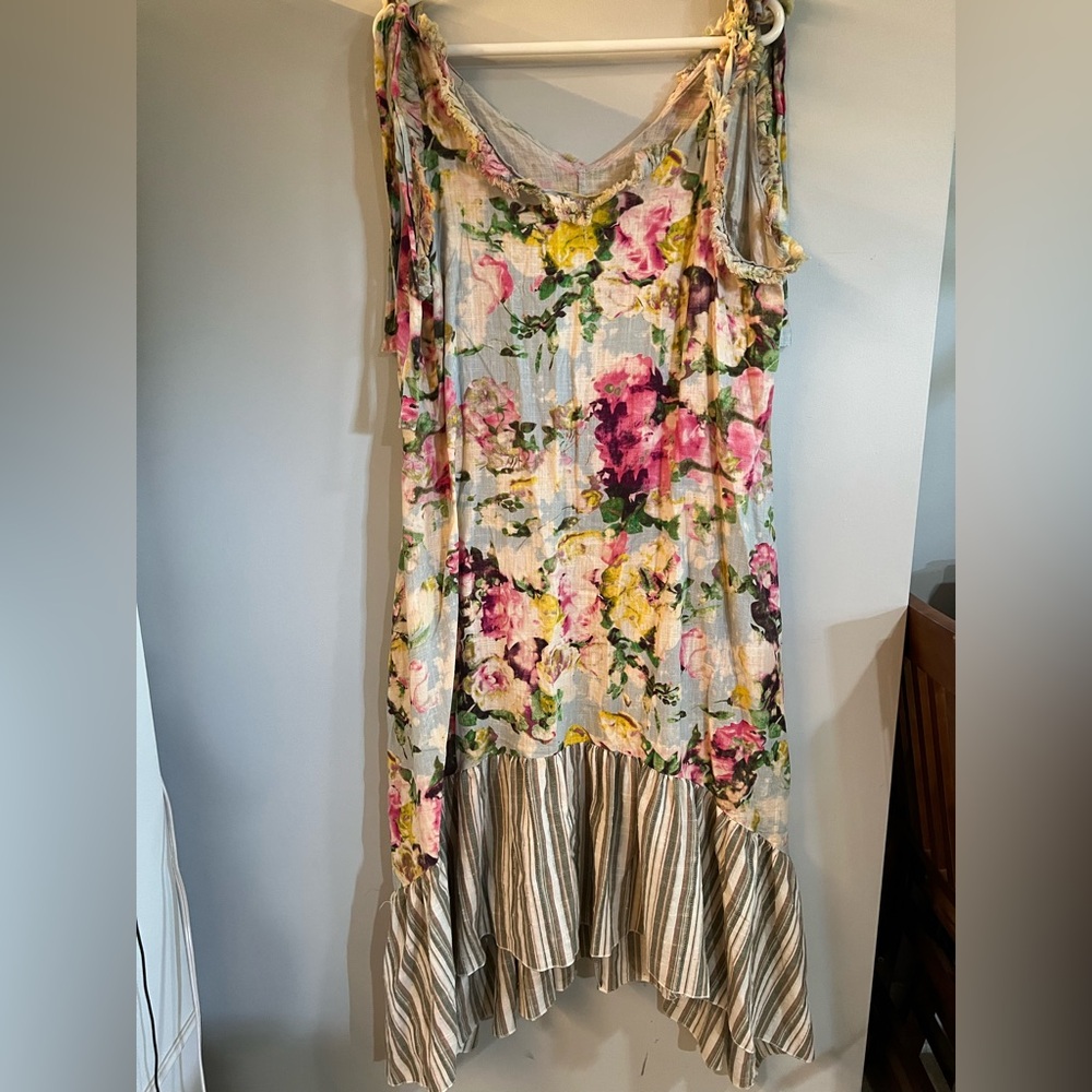 Floral Midi Dress with Striped Ruffle Hem - Pink & Yellow